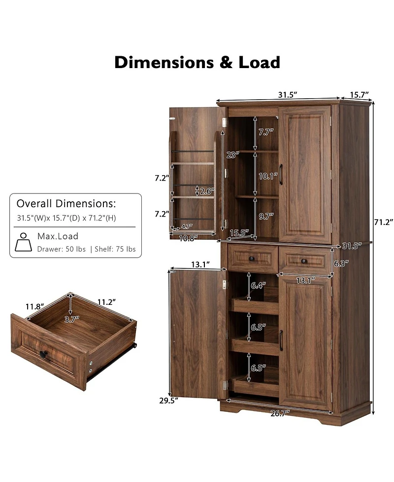 Streamdale Furniture 71'' Tall Farmhouse Kitchen Pantry with 3 Pull-Out Organizers and 2 Drawers