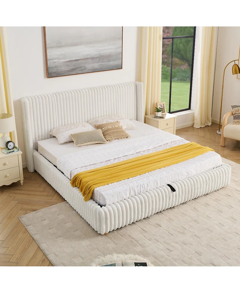 Streamdale Furniture Functional Striped Gas Lift Storage Bed Luxury Rabbit Fur Upholstered