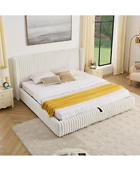 Streamdale Furniture Functional Striped Gas Lift Storage Bed Luxury Rabbit Fur Upholstered