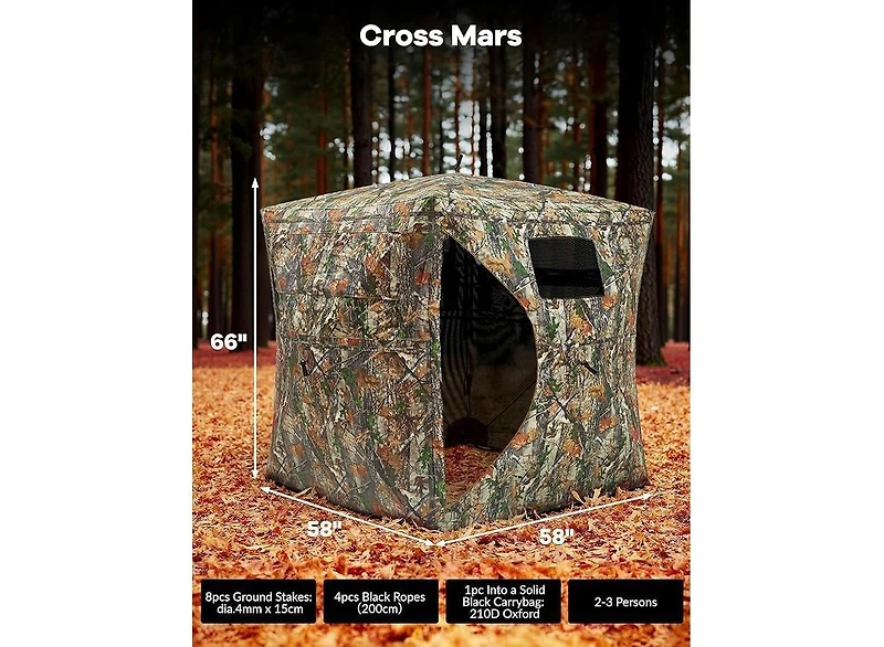 gaomon Hunting Blind, 2-3 People Hunting Tent, 58" 58" 66" H with 270degree(s) See Through Windows and Silent Magnetic Door