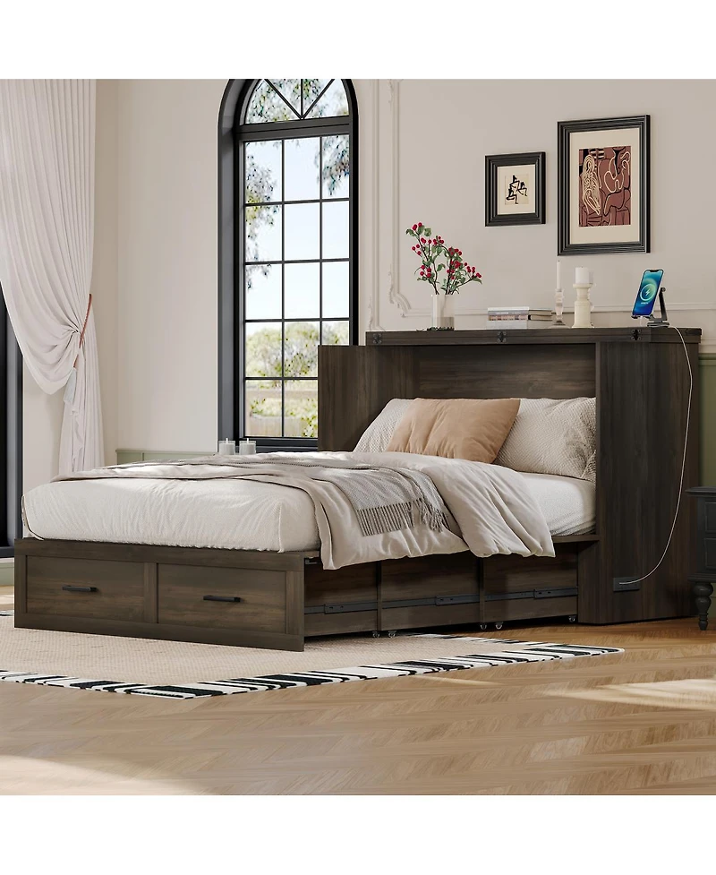 Streamdale Furniture Farmhouse Murphy Cabinet Bed with Charging Station and Storage Rustic