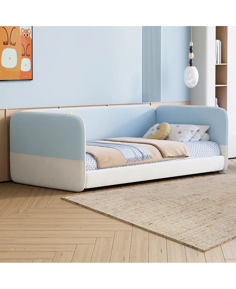 Streamdale Furniture Twin Montessori Floor Bed with Upholstered Headboard and Armrests