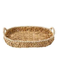 Gibson Home 17-Inch Woven Decorative Serving Tray – Large Natural Water Hyacinth Basket with Wood-Bead Trim and Handles