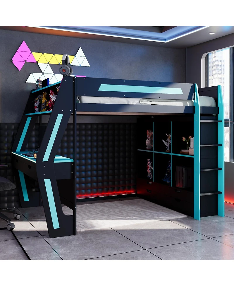 Streamdale Furniture Full Size Gaming Loft Bed with Desk Rgb Lights Storage and Staircase