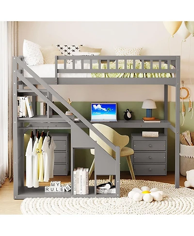 Streamdale Furniture Twin Size Loft Bed with Two Chest of Drawers Desk and Light Strip