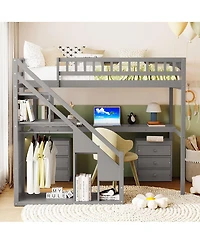 Streamdale Furniture Twin Size Loft Bed with Two Chest of Drawers Desk and Light Strip