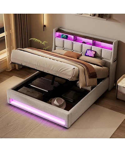 Streamdale Furniture Full Size Upholstered Hydraulic Storage Bed with Led and Charging Station