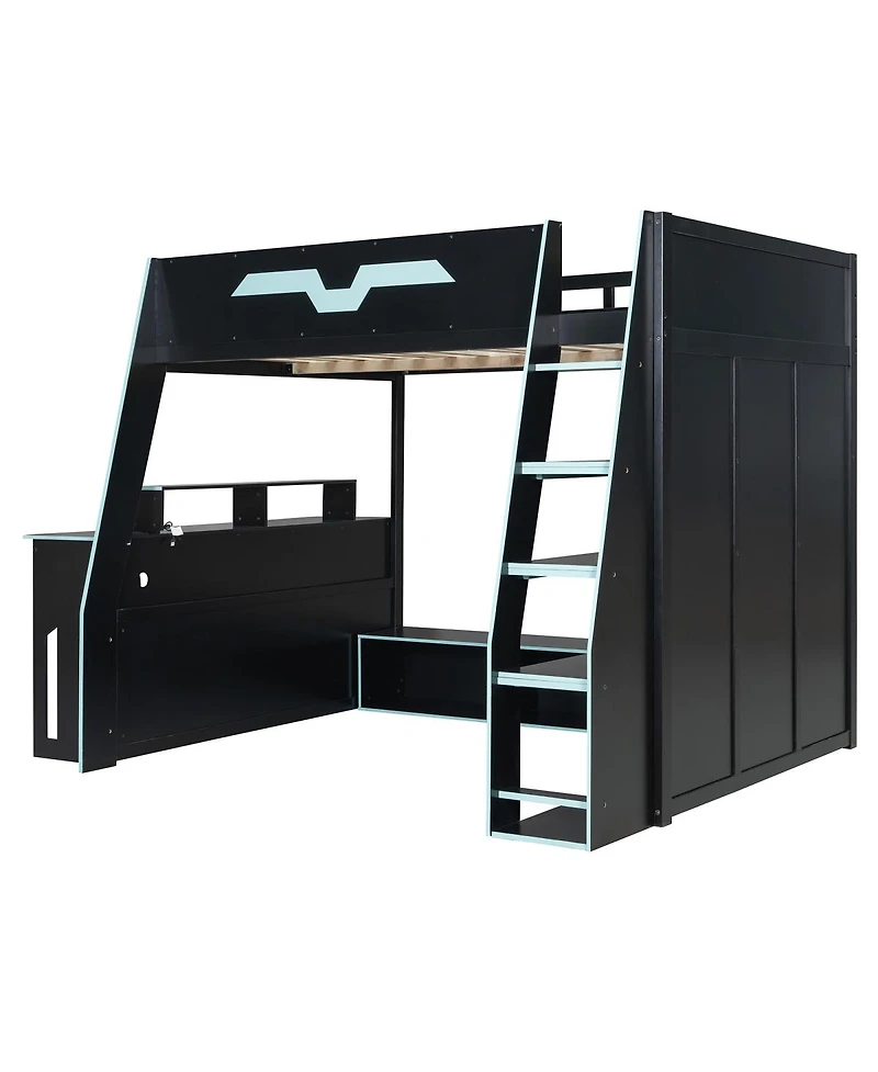 Streamdale Furniture Full Size Wood Loft Bed with Desk Storage Shelves and Rgb Light