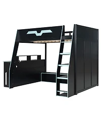 Streamdale Furniture Full Size Wood Loft Bed with Desk Storage Shelves and Rgb Light