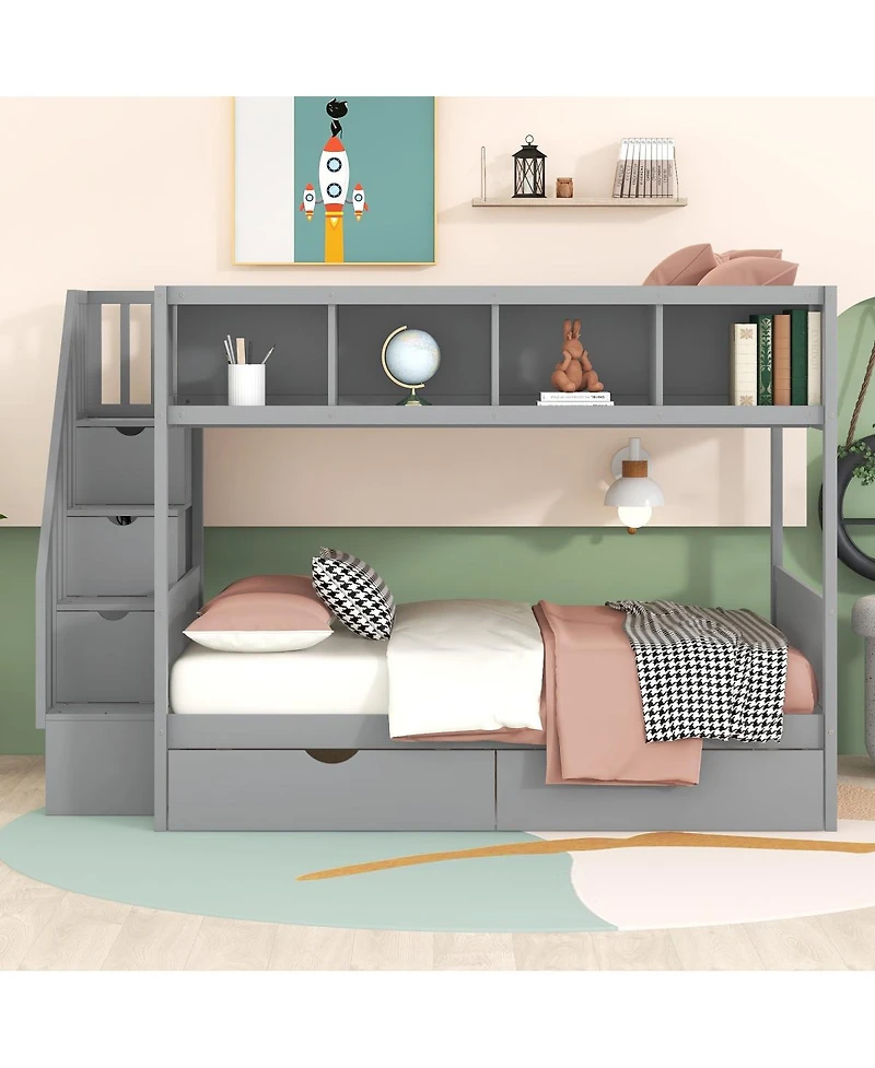 Streamdale Furniture Twin over Full Bunk Bed with Shelfs Storage Staircase and 2 Drawers