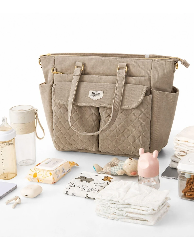 Sunveno Corduroy Quilted Diaper Bag Tote with Changing Pad