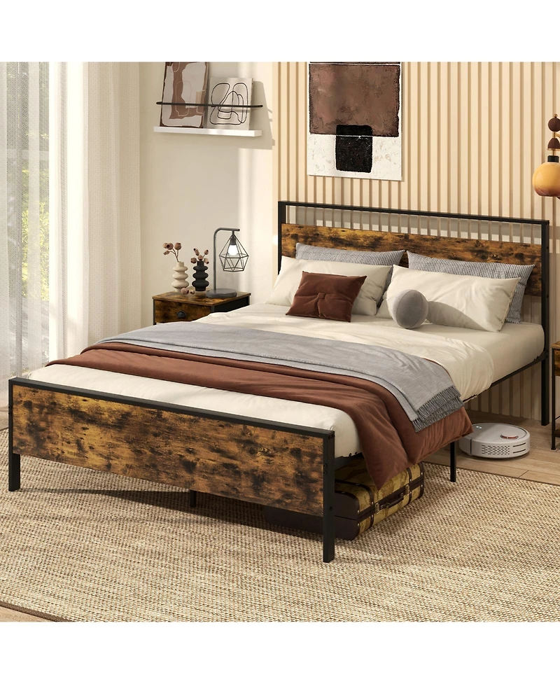 Sugift Queen Size Metal Bed Frame Industrial Platform Bed with Wooden Headboard
