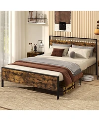 Sugift Queen Size Metal Bed Frame Industrial Platform Bed with Wooden Headboard