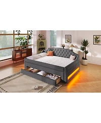 Streamdale Furniture Upholstered Full Size Daybed with Led Belt Trundle and Three Drawers