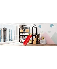 Streamdale Furniture Twin Over Twin Metal House Bunk Bed with Slide and Storage Stairs
