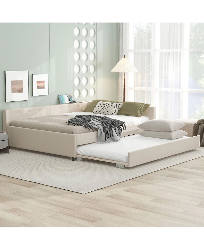 Streamdale Furniture Queen Size Upholstered Platform Bed with Usb and Twin Size Trundle