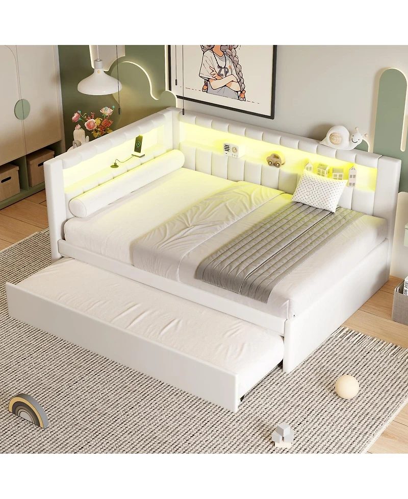 Streamdale Furniture Full Size Upholstered Platform Bed with Led Usb Ports and Trundle