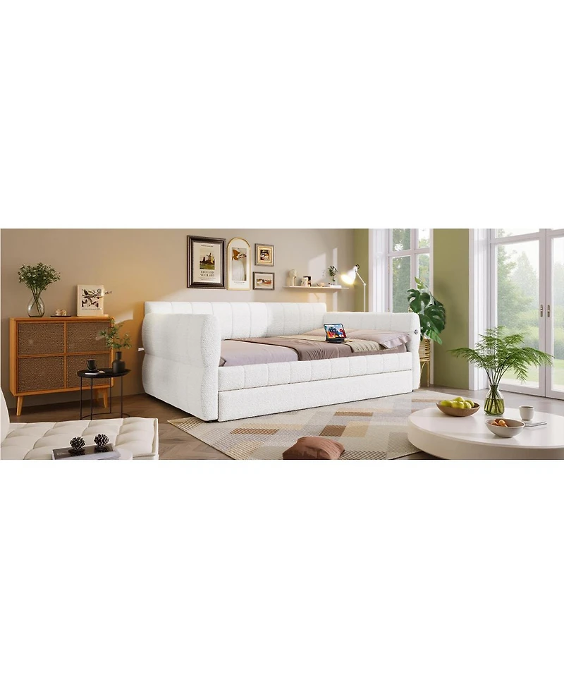Streamdale Furniture Queen Size Upholstered Platform Bed with Usb and Trundle