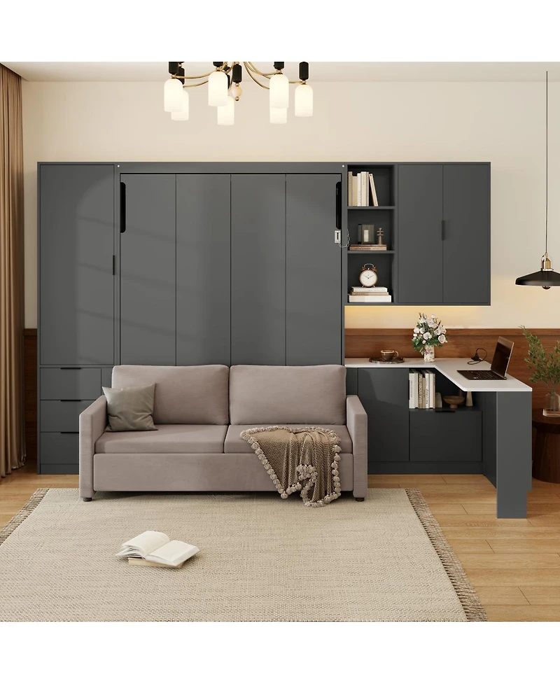 Streamdale Furniture Queen Murphy Bed with Sofa Storage Led and Usb
