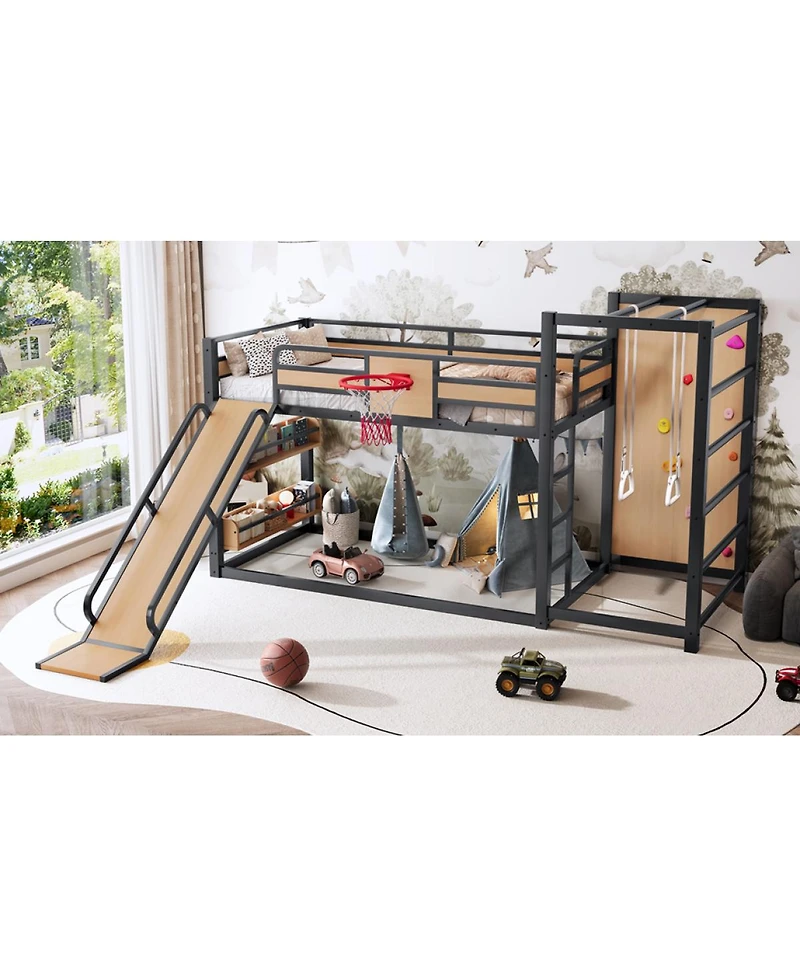 Streamdale Furniture Metal Loft Bed with Basketball Hoop Climbing Wall Slide and Bookshelves