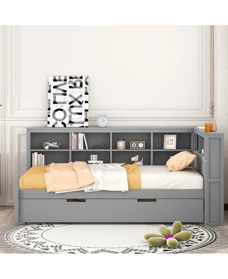 Streamdale Furniture Wooden Twin Daybed with Trundle Storage Shelf and Usb Ports