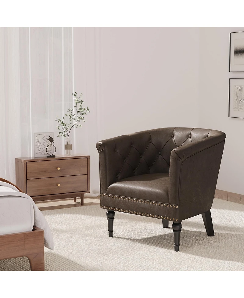 homfan Faux Leather Barrel Accent Chair – Tufted Back with Nailhead Trim, Comfy Upholstered Bucket Chair for Living Room Bedroom Home Office