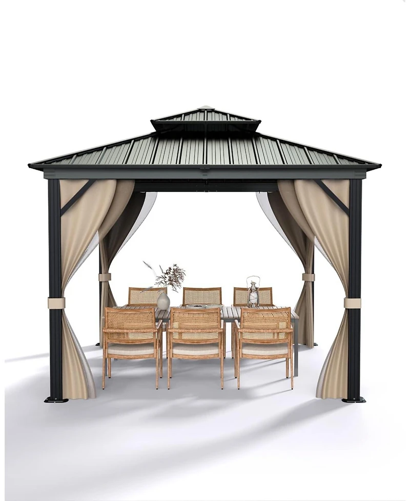 gaomon 10x10 Feet Hardtop Gazebo for All Weather, with Double Metal Roof, Aluminum Alloy Frame, Net, and Curtain, Permanent Building for Patio, Deck