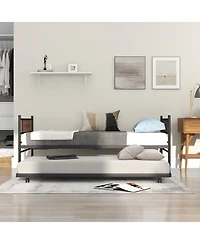 Gouun Twin Size Metal Daybed with Trundle and Wood Grain Headboard