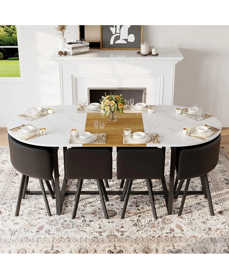 Streamdale Furniture 9-Piece Oval Faux Marble Dining Table Set with 8 Pu Leather Chairs