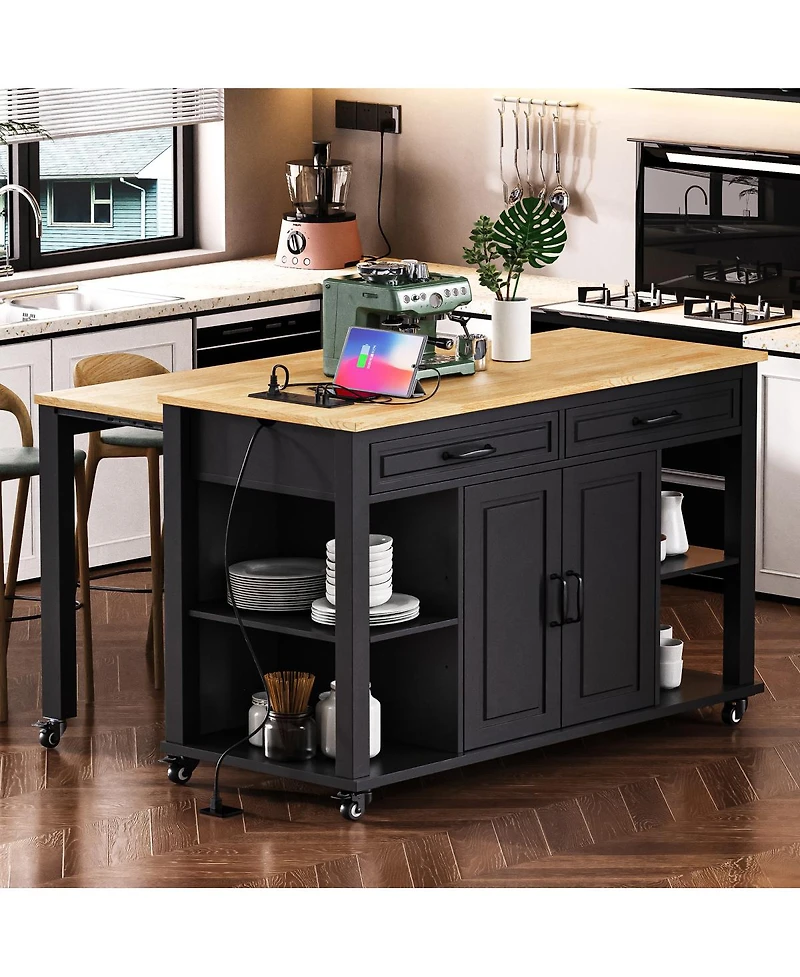 Streamdale Furniture 47'' Kitchen Island with Extendable Dining Table Storage and Power Outlet