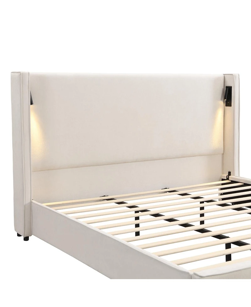 Streamdale Furniture California King Upholstered Wingback Bed Frame with Reading Lamp and Usb