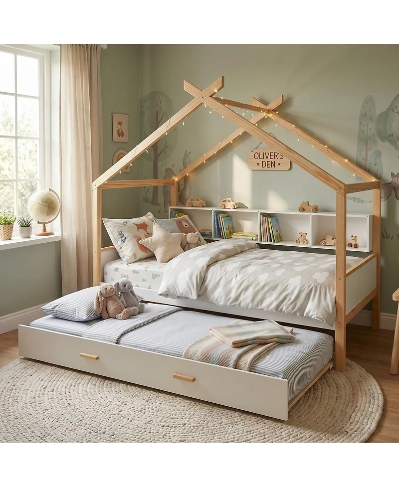 Streamdale Furniture Wooden House Bed with Trundle and Bookshelf Storage