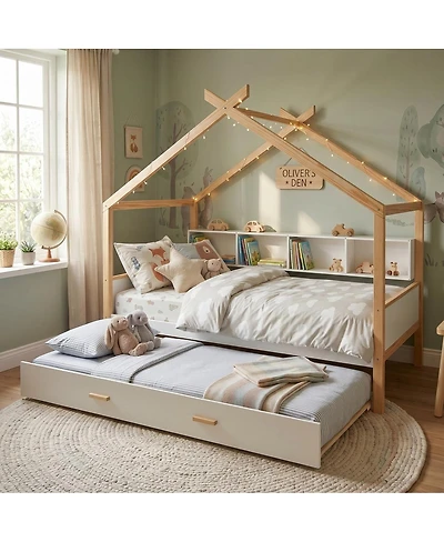 Streamdale Furniture Wooden House Bed with Trundle and Bookshelf Storage