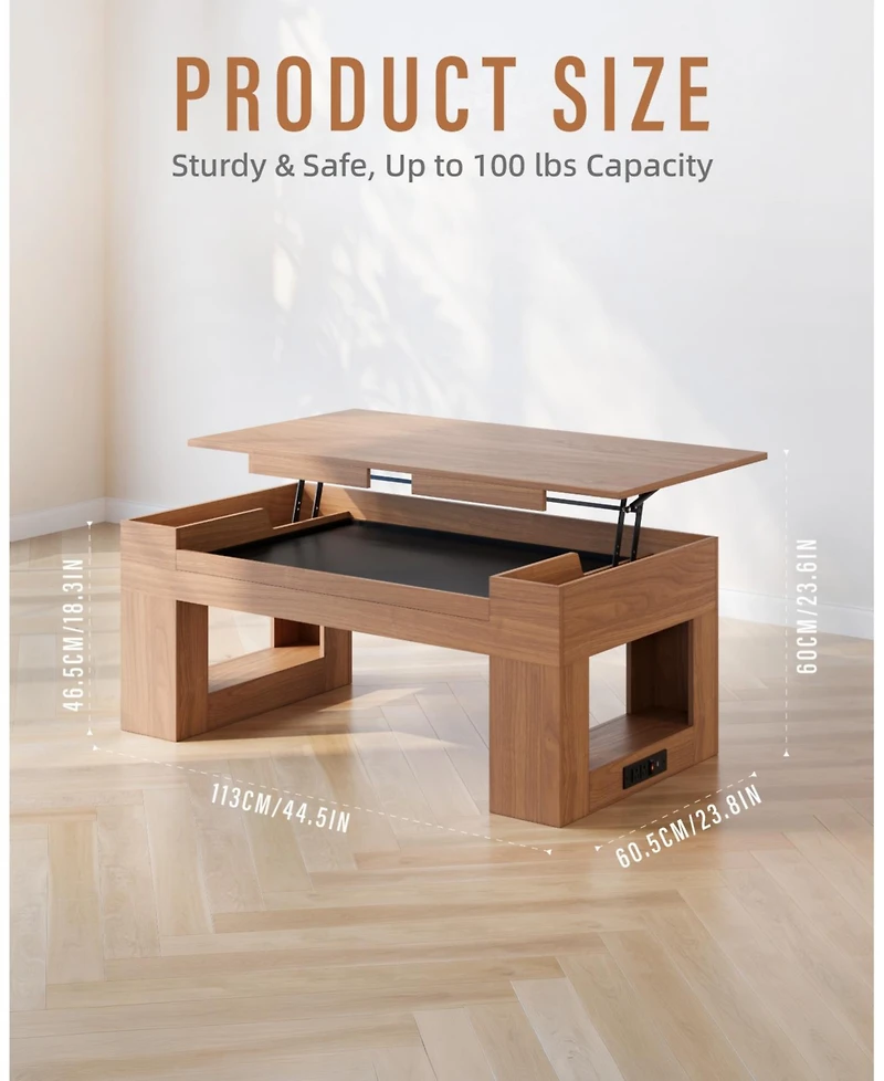 Sugift Lift Top Coffee Table with Puzzle Tray, Modern Wood Center Table with Hidden Storage and Charging Station for Living Room