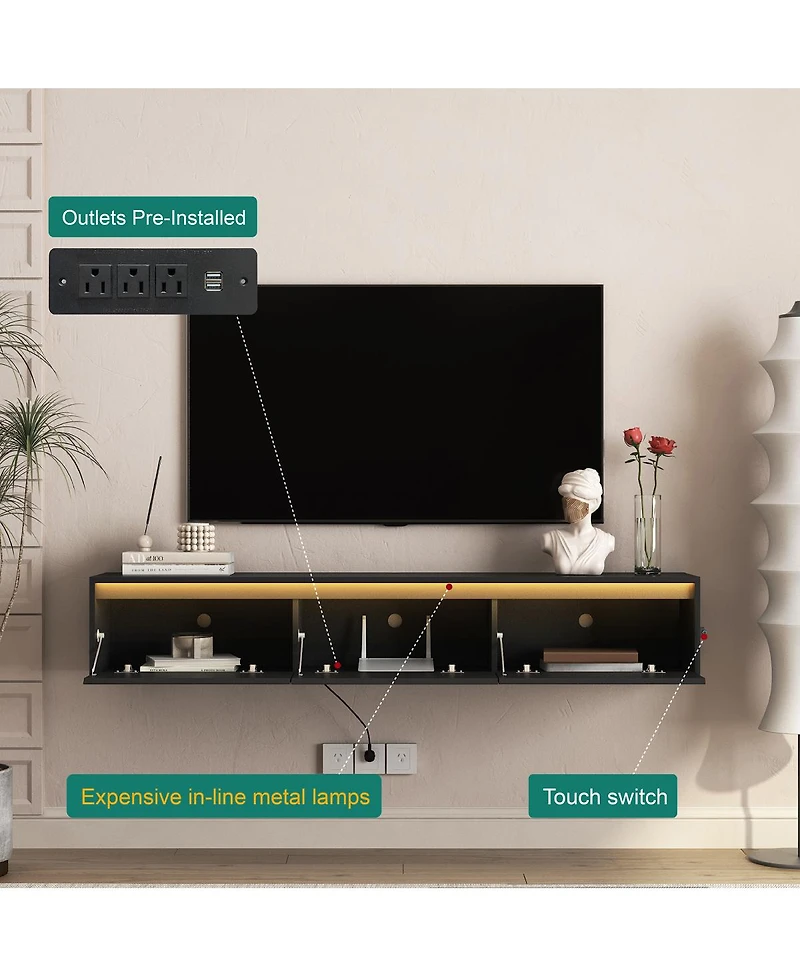 Streamdale Furniture High-Gloss Wall-Mounted Tv Cabinet with Led Lights and Power Outlet