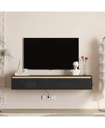 Streamdale Furniture High-Gloss Wall-Mounted Tv Cabinet with Led Lights and Power Outlet