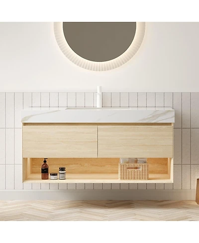 Sillysis 48 Inch Wall Mounted Bathroom Vanity with Sintered Stone Top, Double Soft Close Drawers, Ceramic Sink, Led Shelf for Modern Spaces