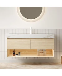Sillysis 48 Inch Wall Mounted Bathroom Vanity with Sintered Stone Top, Double Soft Close Drawers, Ceramic Sink, Led Shelf for Modern Spaces