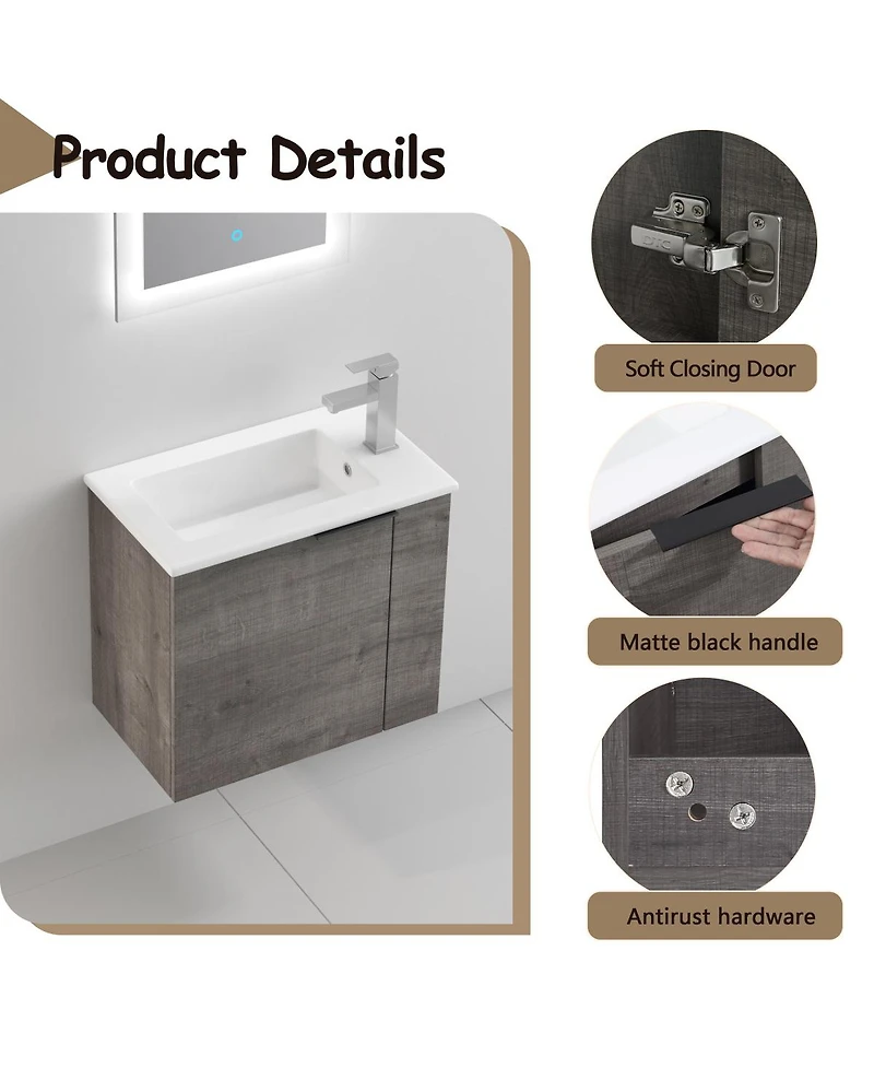 Sillysis 22 Inch Wall Mounted Bathroom Vanity with Ceramic Sink, Soft Close Door, Modern Floating Cabinet