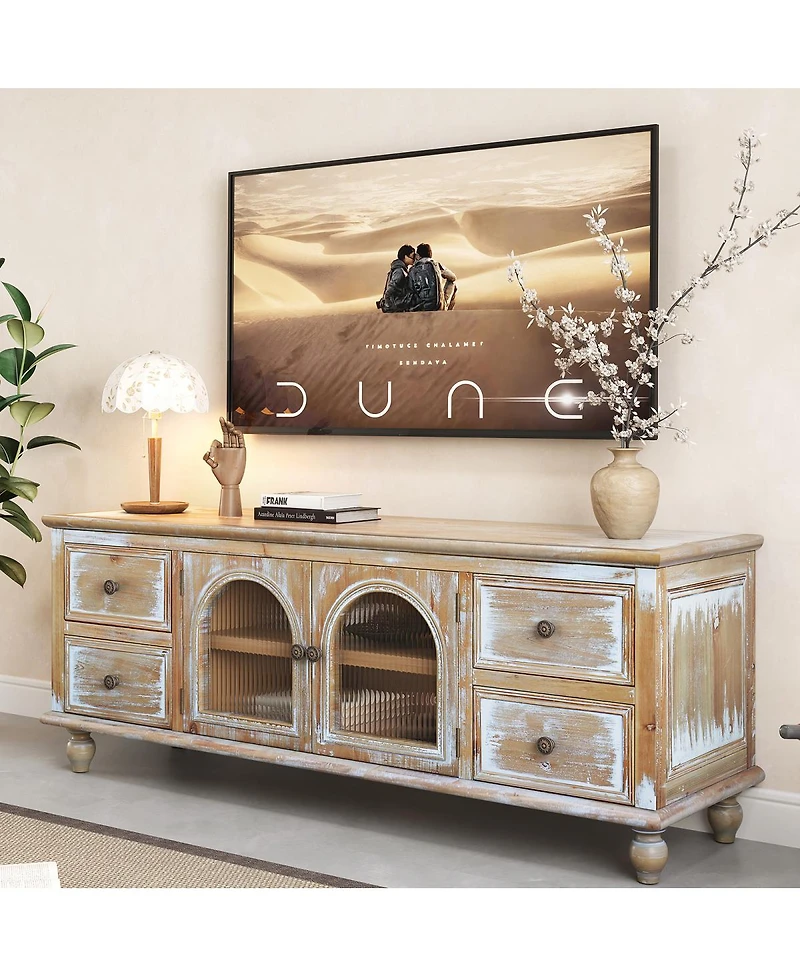 Streamdale Furniture 60'' Farmhouse Tv Stand with 4 Drawers and 2 Glass Doors Rustic Media Console