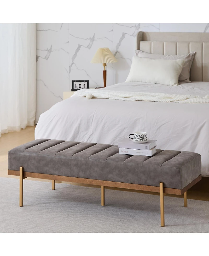 Streamdale Furniture Upholstered Channel Tufted Ottoman Bench Seat with Gold Legs