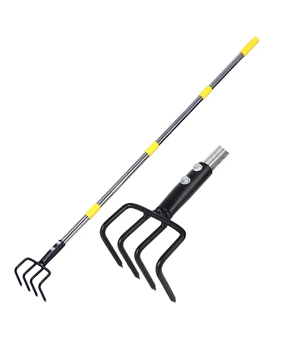Xdovet Garden Hand Tiller Cultivator 4-Tine Adjustable Long Handle Heavy Duty Weeding Tool Raised Beds soil Loosener Flower Vegetable Gardens
