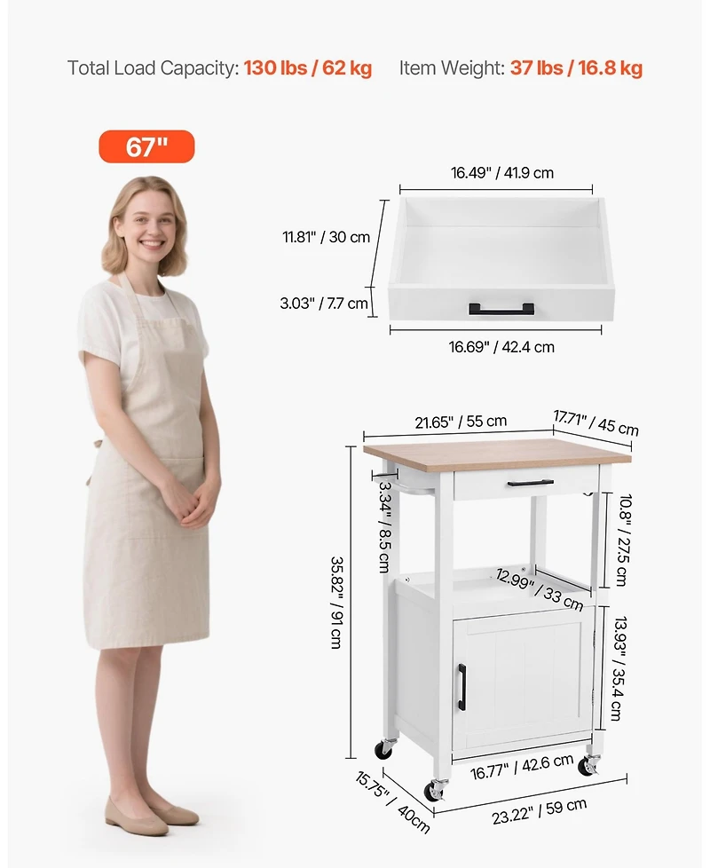 Volenca 18x23" Kitchen Island Cart with Single Door Cabinet, Drawer, Towel Rack, Hooks, Swivel Wheels