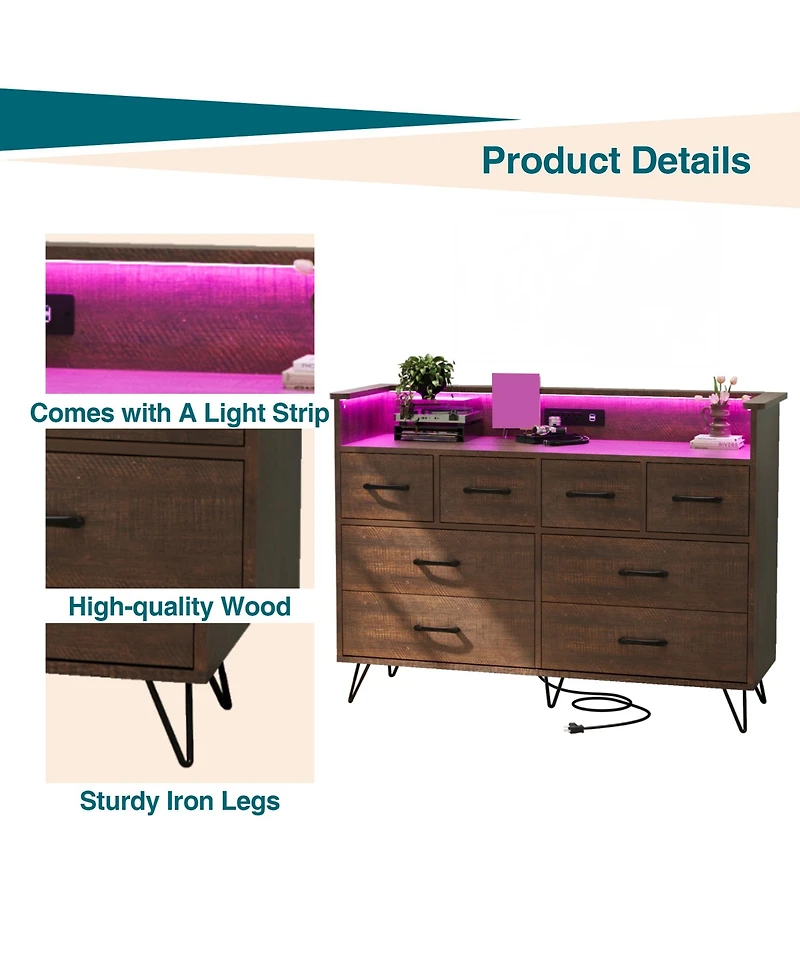 homfan 8 Drawer Dresser with Charging Station and Rgb Lights, Wide Bedroom Storage Chest for Makeup Vanity, Gaming Setup, and Living Room