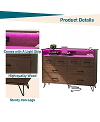 homfan 8 Drawer Dresser with Charging Station and Rgb Lights, Wide Bedroom Storage Chest for Makeup Vanity, Gaming Setup, and Living Room
