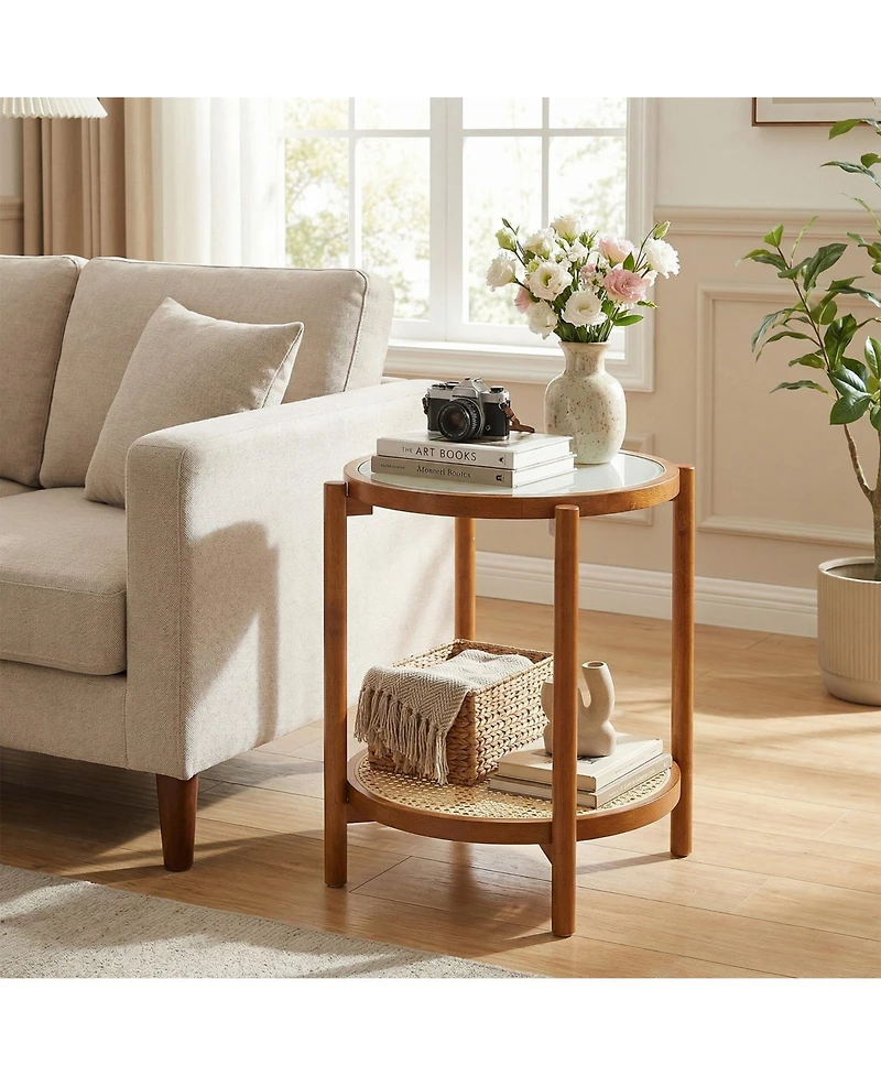 Gymax 2-Tier Round Side Table w/Tempered Glass Top Storage Shelf Acacia Wood Legs