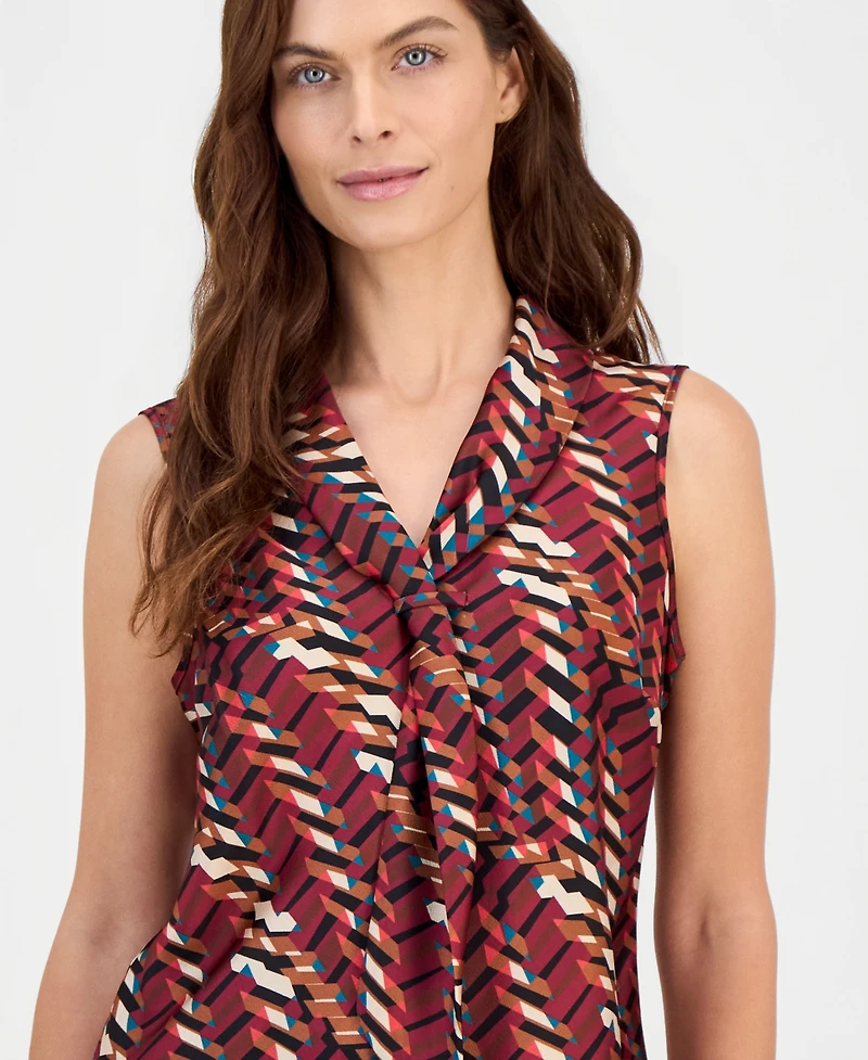 Tahari Asl Petites Sailor Tie Sleeveless V-Neck Geometric Blouse