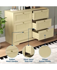 homfan Boho Rattan 6 Drawer Dresser with Wood Legs and Metal Handles for Bedroom, Living Room, Entryway
