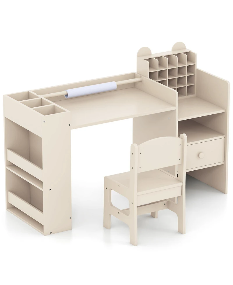 Slickblue Kids Art Table And Chair Set with Paper Roll Holder Cabinet