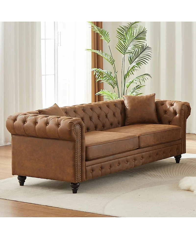Maison Boucle 85.5'' Wide Chesterfield Sofa, Polyester 3 Seater Couch, 2 Pillows